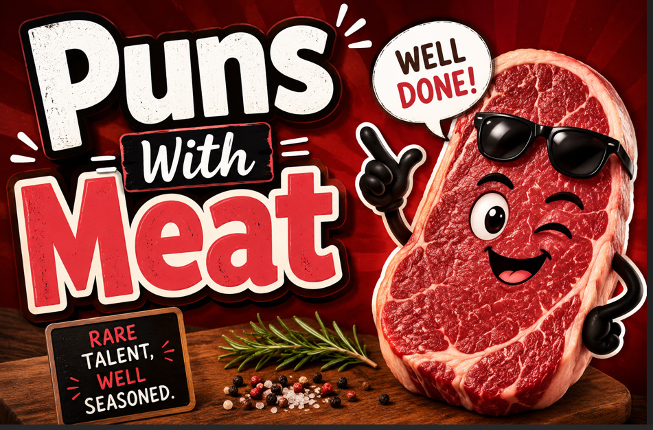 Puns with meat & Jokes | BBQ Humor, Steak Captions & Clever Wordplay